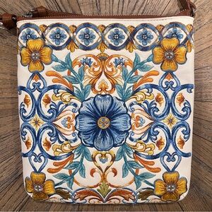 Brighton Bella Limone Flower Floral Embroidered Leather Crossbody Bag Brown Boho